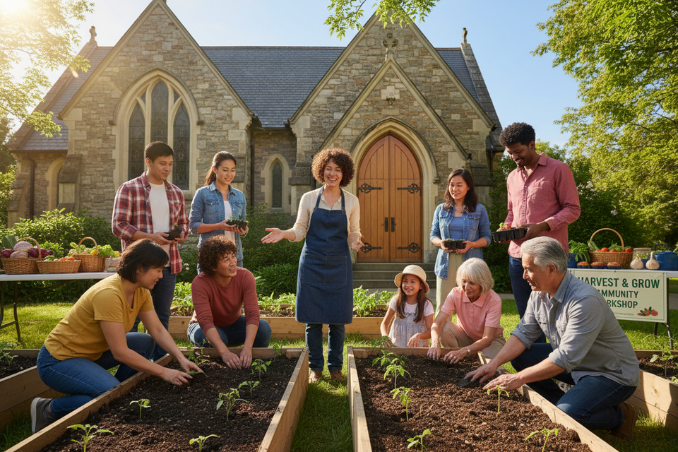 Create a garden workshop outside with a diverse group of people with a church in the background. use the same teacher