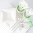 Eco-Party Pack 25 Square or Round Plate Set includes plates, bowls, cups, cutlery and more!