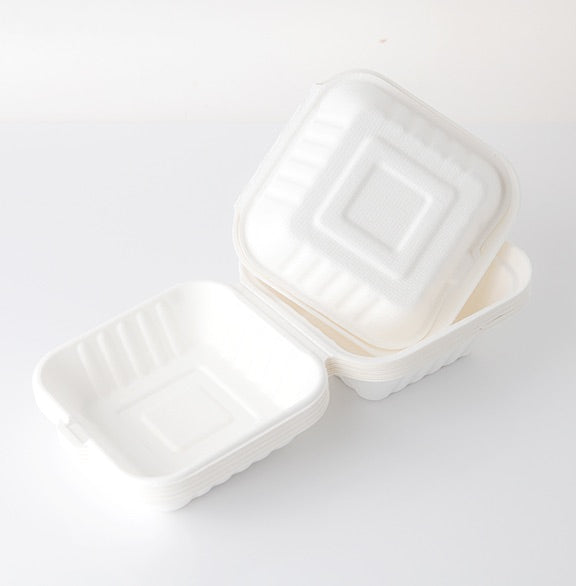 Take Out Containers 6" x 6" x 3" Sugarcane Bagasse Single Compartment Hinged Clamshells Compostable
